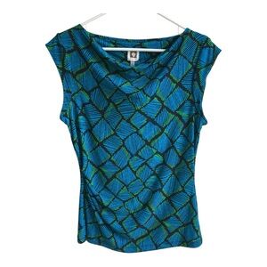 Anne Klein Blue and Green Geometric Women's Top Cap Sleeves Size M